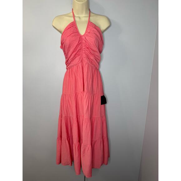 Lulus Chasing Sun Pink Tiered Keyhole Halter Midi Dress Vacation Beach M New - Picture 2 of 13